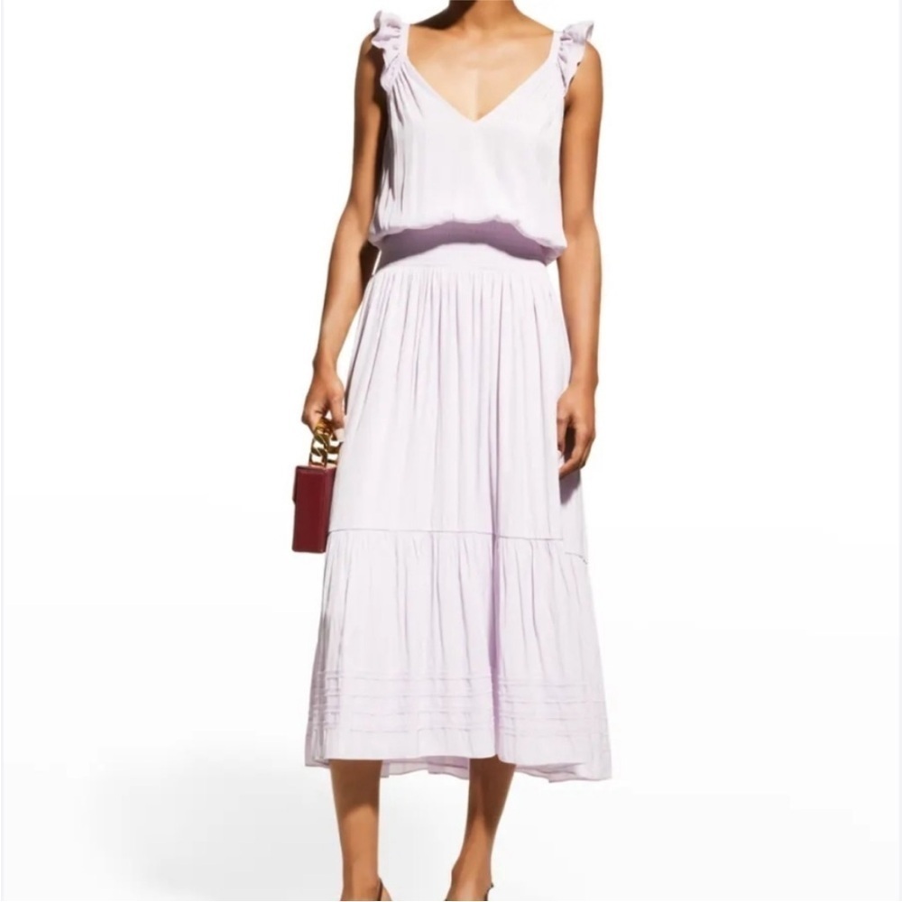 Ramy Brook Chloe Smocked Waist Dress Lavendar Flutter Ruffle Sleeve V Neckline